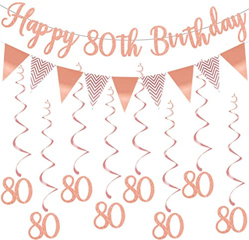 Elicola Rose Gold 80th Birthday Decorations - Happy Birthday Bunting Banner With Hanging Swirls Streamers for Women's Anniversary Party Decor
