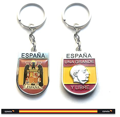 ADCSHOP - Llavero a dos caras de Bandera de España con Águila de San Juan yFrancisco Franco en bajorrelieve. Unisex. + Pulsera de bandera de España de hilo tricotado.