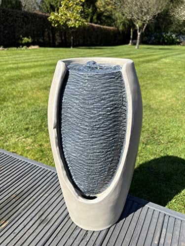 allpondsolutions Outdoor Self Contained Open Vase White/Grey Water Feature with LED Lights - Solar Powered 27x25x50cm