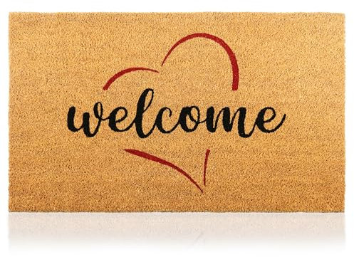 Fußmatte Kokosfaser Welcome Herzstück - 70x40cm - Willkommens Fussmatte mit Antirutsch PVC & Kokos Oberfläche - für Hauseingänge, Flure, Außentüren, Wohnaccessoires - Schlichtes Originaldesign