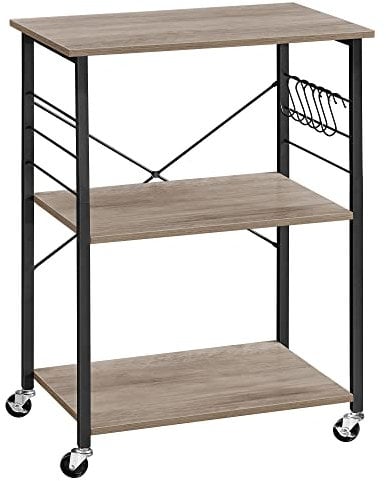 VASAGLE Estantería de Cocina con Ruedas, Carrito de Servicio de 3 Niveles, Estantería para Microondas, Horno, Tostadora, Marco de Metal con 6 Ganchos, Greige y Negro KKS060B02