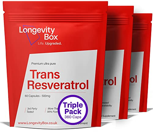 Longevity Box Trans Resveratrol Supplement - 180 Capsules, 1000mg per Serving, 99% Pure Trans Resveratrol, 3rd Party Certified, Optimized Resveratrol Antioxidant Supplement, Vegan-Friendly & Non-GMO