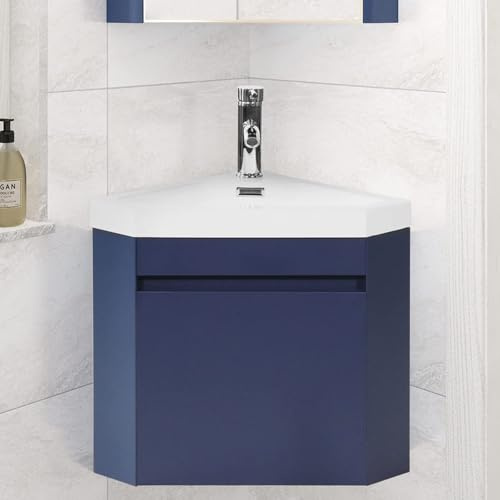 wonline 22 Corner Bathroom Vanity Sink Combo for Small Space Wall Mounted Cabinet Set Design Navy Resin Basin Sink Top Chrome Faucet and Drain