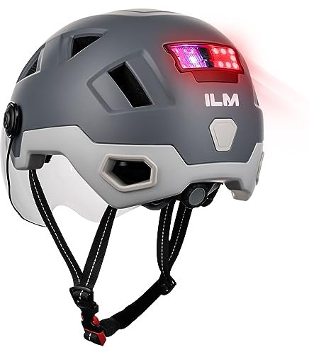 ILM Smart Fahrradhelm Damen Herren mit Visier Warnung Bremse LED Lichtsensor Lichtfunktion Kopfneigen Blinken Auszulösen Modell E3-12LS,Grau,L/XL