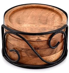 EDHAS Acacia Wood Coaster Set of 4 With Iron Holder for Tea, Drinks, Mugs, Cans, Glasses for Any Table Type