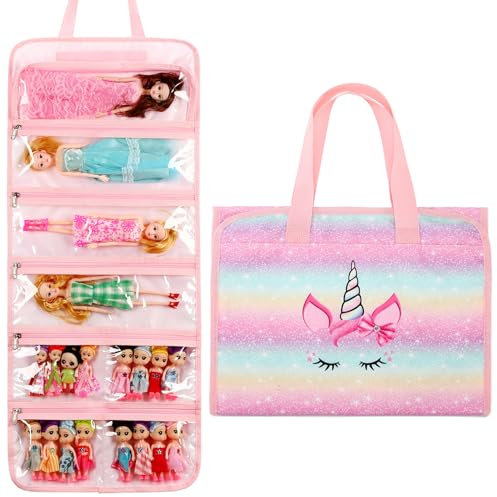 Toy Dolls Storage Bag Tote Carrying Case Compatible with LOL Surprise Toys Dolls Omg, Hanging Organizer Storage Bag with 8 Clear Window Pockets, Bag Only (01-Bow Unicorn)
