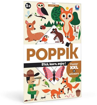 POPPIK 1841224 Sticker-Poster, Wald, interaktives Lernposter mit Aufklebern, mehrsprachiges Tierposter, für Kinder ab 3 Jahren, 68 x 100 cm