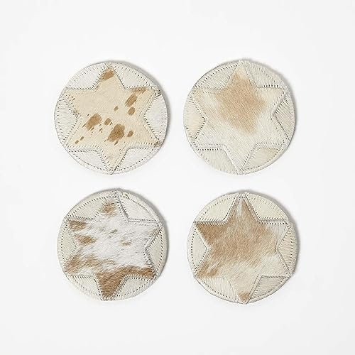 HOMESCAPES 4er-Set Runde Untersetzer Leder mit Fell 10 cm, Glasuntersetzer Stern im Patchwork-Stil