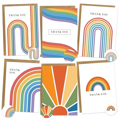 BIROYAL 12 Sets Dankeskarten inkl. extra Umschläge & Sticker zu jedem Anlass, Blanko Danke Karten, Elegante Faltkarten mit Regenbogen-Motive, hochwertige Grußkarten für Familie & Freunde