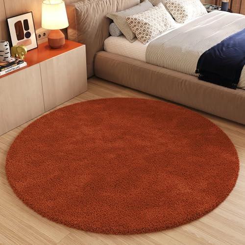 TAPISO Essence Teppich Rund Orange Terracotta Hochflor Langflor Shaggy Einfarbig Flauschig Schlafzimmer Wohnzimmer Kinderzimmer ÖKO-TEX 120 x 120 cm