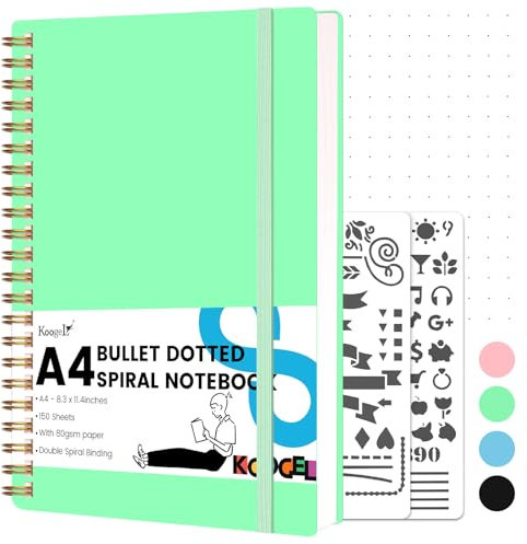 Koogel Dotted Journal Notizbuch, A4 Dotted Notebook Grün Notizbuch Journal Dot Grid Papier mit Malschablone Wasserdicht Hardcover 300 Seiten/150 Blatt für Büro Schule Frauen Geschenk