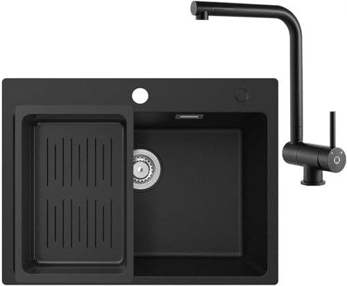 CECIPA Evier Cuisine 1 Bac 60 x 45 cm avec Mitigeur Cuisine Rabattable, Evier Noir en Granit avec Panie de Vidange, Lavabo Cuisine pour Meubles Bas de 60 cm, avec Siphon Classique et Trop-plein