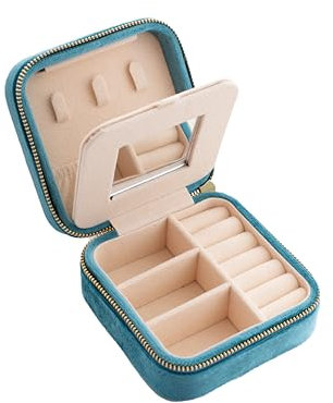 Lucoro - Schmuckkasten, Schmuck-Reiseetui, Reißverschluss, Spiegel, Schmuck aufbewahrung, 10x10x5cm, Samt Schmuckschattulle, Schmuckorganizer, Schmuckbox (Türkis)