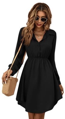 GORGLITTER Damen Hemdkleid Elegant Blusenkleid Langarm A Linie Tunikakleid Shirtkleid mit Knöpfen Schwarz M