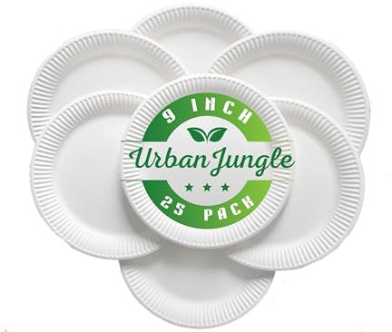 UrbanJungle White Paper Plates 25 - Strong Disposable Plates for Hot Food - 9 Inch Party Plates, 23 cm Picnic Plates - Disposable Tableware for Birthday, Office, or Home Party Food (25, 23cm, 9in)