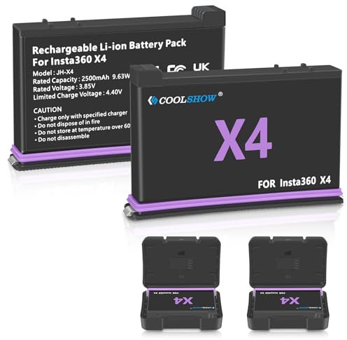 COOLSHOW X4 Battery Replacement 2500mAh 2 Packs Compatible with Insta360 X4 Battery Comes with Battery Protection Cases Compatible with Insta 360 X4 Camera