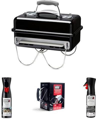 Weber Go-Anywhere Portátil Barbacoa de Carbón, Negro, 1131004 + Producto de Limpieza para Parrilla y Horno + Set Chimenea con Briquetas Encendido Blancas + Producto de Limpieza para Parrilla y Horno