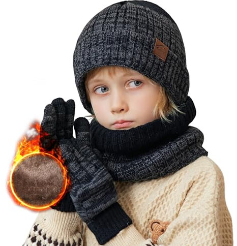 TMEOG Bonnet Enfant Cache Cou Gants Garcon Fille Tour de Cou Polaire Snood Bonnet Hiver Gants Tactiles Ensemble Bonnet Echarpe Gant 4-10 Ans(Noir)