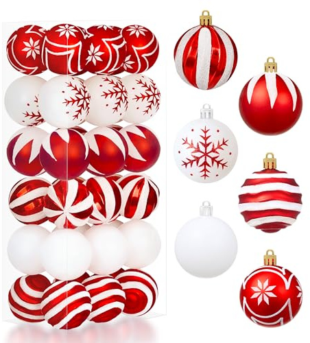 Joiedomi Juego de 36 adornos de bolas de Navidad rojas y blancas, 2.36 pulgadas, inastillables, decoración de árbol colgante de Navidad, adornos de bolas de Navidad para árbol, regalo, barandilla,