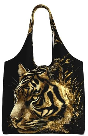 DRGFCXE Canvas-Tragetasche mit goldenem Tigerkopf, Schultertasche, Damentaschen, wiederverwendbare Leinentasche, Reisetasche, oben offen, geeignet für Damen, Schwarz , Einheitsgröße