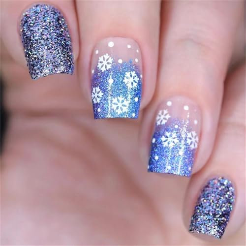 Lot de 24 faux ongles carrés courts à presser Bleu pailleté dégradé Décoration d'ongles Hiver Noël Manciure pour femmes et filles
