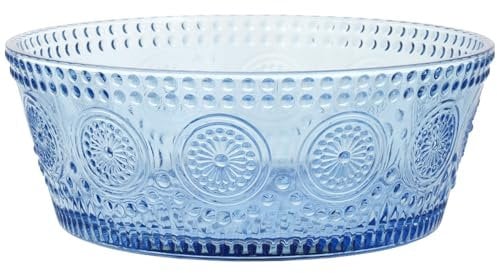 Boston International Vintage-Inspired Glass Serving Bowl with Embossed Floral Pattern for Salads, Snacks, Dinner, Transparent Decorative Bowl, Large 7 x 2.75, Sky Blue Codi