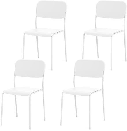 HOMASIS - Juego de 4 sillas apilables modernas de comedor con patas de metal, sillas auxiliares con asiento y respaldo de PP, para sala de estar, comedor, cocina, sala de espera (blanco)