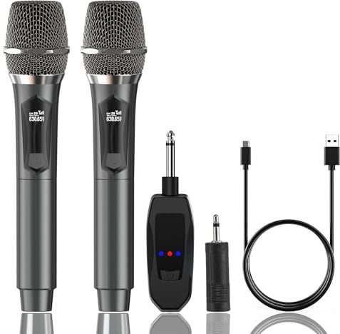 MAILANGSHI Microfono Wireless, sistema di microfono cordless portatile doppio in metallo ricevitore ricaricabile, durata 50ore, portata 200 piedi, microfoni per karaoke per canto karaoke (Grigio)