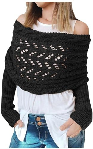 Gestrickte Schal mit Ärmeln Strick, Mode Winter Warm Häkeln Ärmelschal Halstücher Stricken Pullover Schal Winterschal Halstuch Einfarbig Wrap Scarf Sleeves Shawl Cape Garnschal (Black, One Size)