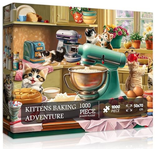 Cat Puzzles for Adults 1000 Pieces, Funny Puzzles Kittens, Food Cake Cat in Kitchen Puzzle, Animal Kitty Jigsaw Puzzle Challenge