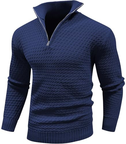 Genfien Jersey Hombre de Punto Suéter de Canalé Cuello Alto | Cremallera de 1/4,Regular Fit ,Liso,Básico,Cálido,Invierno