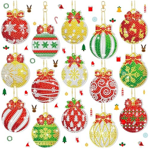 ANFUXT 15 Stück Diamond Weihnachten Anhänger, 5D Diamond Painting für Weihnachten, doppelseitiger Schlüsselanhänger zur Dekoration