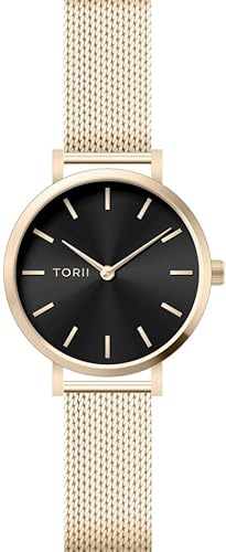 TORII Damenuhr Schwarz Edelstahl - rund Quarz L28LS.BL Milanaise-Armband Strichindizes wasserdicht 50 m