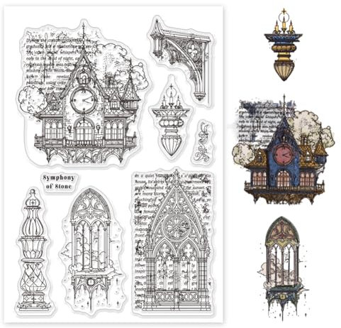 GLOBLELAND Gotische Architektur Silikonstempel Vintage Text Transparente Stempel Retro Kirche Klare Stamps Für Karten Herstellung DIY Scrapbooking Basteln