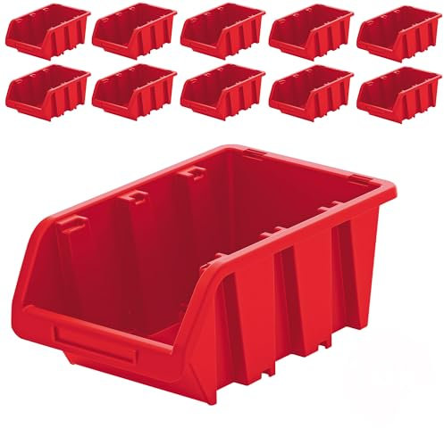 PECZEKO Werkstatt-Stapelkiste, Stapelbox aus PP Kunststoff, Sichtbox Stapelbox, Lagerboxen für Werkzeugswand, Sichtlagerkasten, Sortierbox - Rot 10 Stück, 115x80 mm