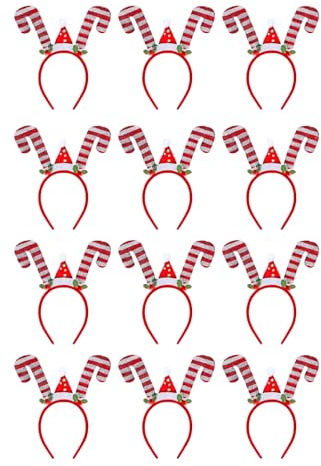 HENBRANDT 12 x Christmas Candy Cane Tinsel Headband with Mini Santa Hat Glitter Candycane Novelty Hairband Xmas Party Headwear Holiday Party Fancy Dress Accessories for Kids and Adults