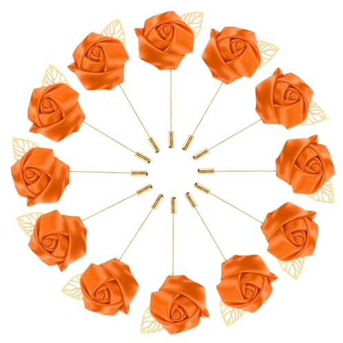 M METERXITY Lot de 12 épingles à revers en forme de fleur pour homme Orange | boutonnières en forme de rose dorée, épingles à revers pour homme pour costum, pour mariage soirée bal etc.