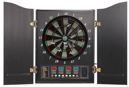 Dartscheibe, Profi Elektronische Dartscheibe mit Türen, 4 LED-Anzeigen, 27 Verschiedene Spiele, 243 Spielvarianten für bis zu 16 Spieler (Schwarz mit Türen, 102x62cm)