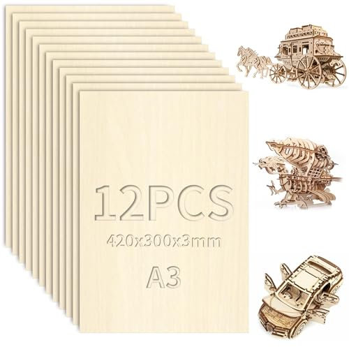XRXYMQ 12 Pezzi Compensato di Legno 420×300×3mm Pannelli Compensato A3 Fogli Legno per Pannelli Taglio Laser Modellare Pirografia Pareti Bricolage Decorazione