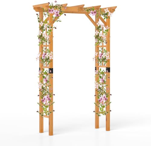 RELAX4LIFE 2,2M Arche de Jardin en Bois avec Treillis pour Plantes Grimpantes & Rosiers & Vignes, Pergola d'escalade pour Décoration Pelouse Arrière-Cour(140x60x215 cm)