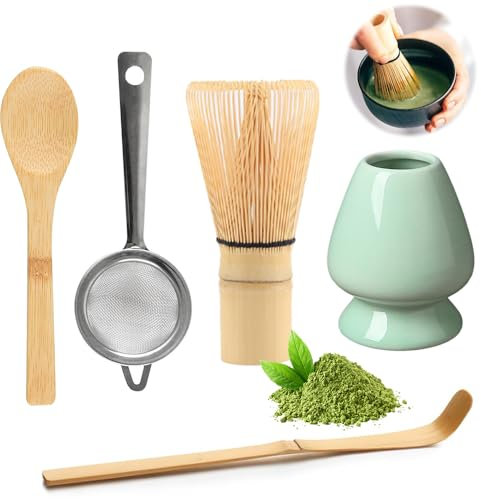 Matcha Whisk Set, Afenau 5pcs Matcha Kit with Bamboo Whisk, Whisk Holder, Tea Puller, Tea Spoon, Sieve, Handmade Matcha Tea Set, Perfect Matcha Starter Kit for Matcha Lovers