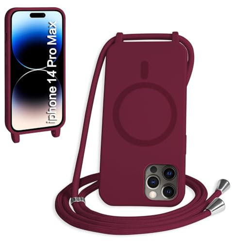 FMPCUON Magnétique Coque avec Cordon pour iPhone 14 Pro Max, [Compatible avec MagSafe] Etui Collier Réglable Téléphone Étui Portable Lanyard Case Protection Complète Cover,Rouge