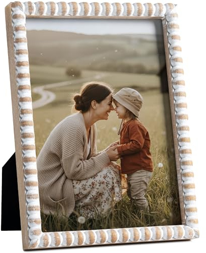 Afuly Landhaus Bilderrahmen 13x18 Boho Weiß Holz Perlen Fotorahmen | Tisch oder Wand, Hoch- oder Querformat, dekorativer Perlenrand, Geburtstags- oder Jubiläumsgeschenk für Mama und Freunde