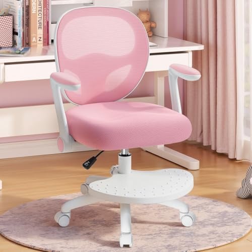 HOFFREE Sedia da scrivania per bambini, ergonomica, con bracciolo pieghevole e poggiapiedi, girevole, adatta per ragazze e ragazzi, a rete, per camera da letto, libri, rosa