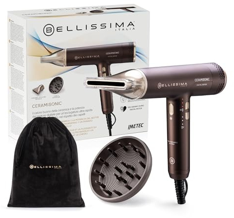 Bellissima Ceramisonic 21014, Secador de Pelo Digital 1700W, 228 km/h, Motor Digital Alta Velocidad, Tecnología Ion Ceramic Hi-Pro Antifrizz, Ultraligero 300 g, Silencioso, Incluye Difusor