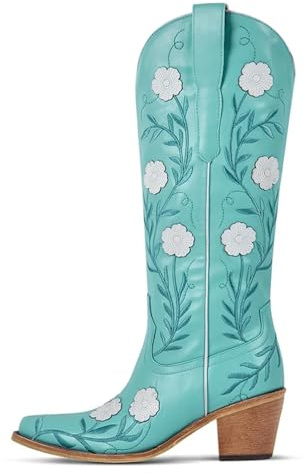 IRGVJIFR Stivali da cowboy for donna alti fino al ginocchio Stivali da cowboy donna con punta a, cerniera laterale, ricamo floreale, stivali tacco spesso e Per viaggiare(CD250620D,35)