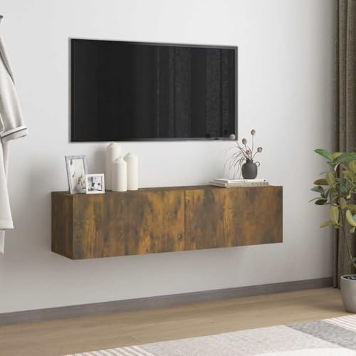 Fengshui Meuble TV mural en chêne fumé 120 x 30 x 30 cm | 2 compartiments avec portes rabattables, montage mural, facile d'entretien, espace de rangement pour magazines et DVD