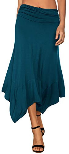 DJT Damen Elastisch Plissierte Taille Elegant Rock A-Linie Faltenrock Midi Rock mit Taschentuch Saum Blaugrün M