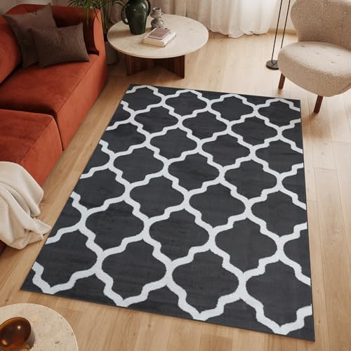 TAPISO Luxury Teppich Kurzflor Modern Marokkanisch Geometrisch Kleeblatt Gitter Rauten Muster Grau Weiß Schlafzimmer Wohnzimmer ÖKOTEX 180 x 250 cm