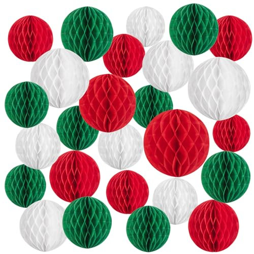 EASY JOY 27pcs Christmas Paper Honeycomb Balls Christmas Hanging Party Decorations Red White Green Tissue Paper Pom Poms For Xmas Birthday Party Supplies Winter Home Decorations